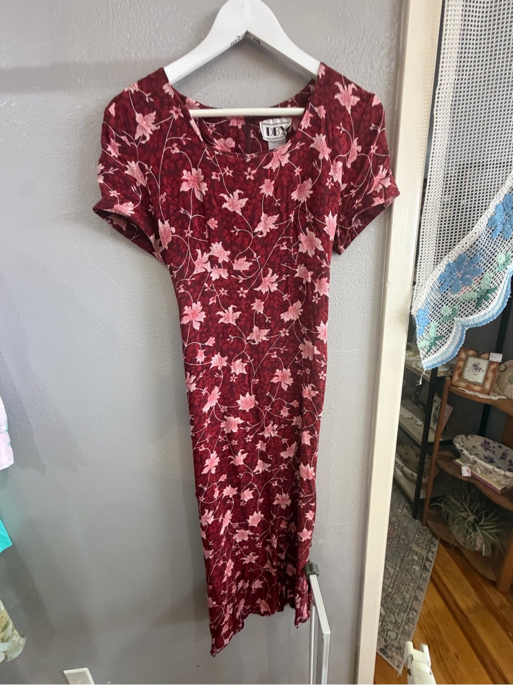 DBY Burgundy Floral Midi Dress with Short Sleeves